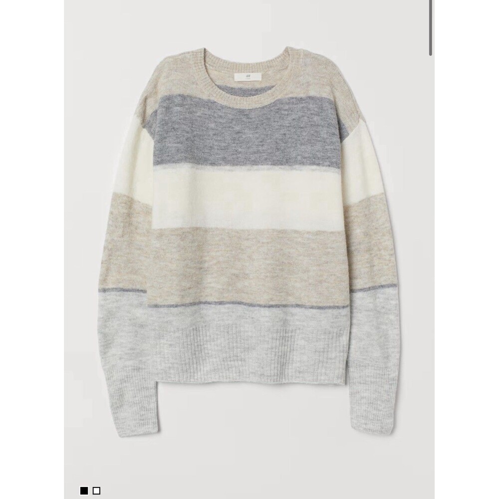 H&M Women’s Alpaca Wool Blend Gray & Beige Boxy Style Cable Knit Sweater Size L